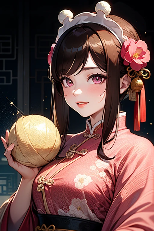 masterpiece, Best quality, Embankment, Banquet, 1 woman, mature woman, elegant, Chinese style, Ancient China, Sister, Royal Sister, happy, Meatball head, light brown hair, Pink eyes, Gorgeous headdress, light pink lips, pink clothes, Yarn is like clothes, intellectual, Full bangs, flat bangs, Flower ball, Face Delicate,hairstyle