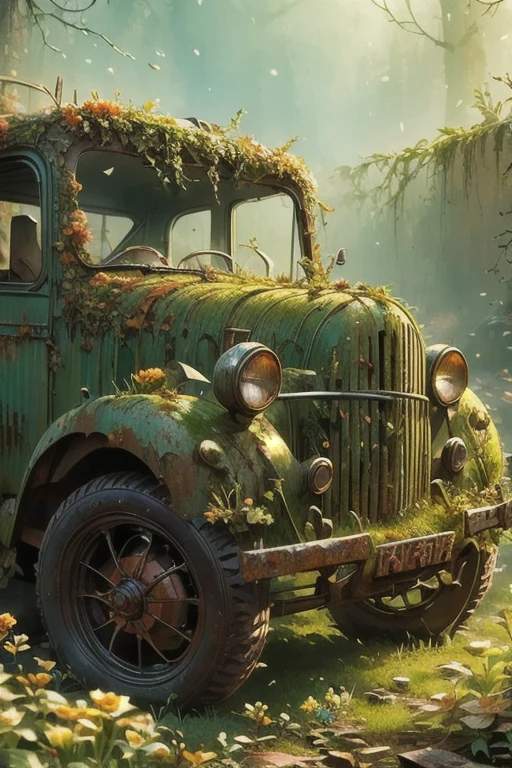 A rusty machine covered in moss and plants, Signs of decay,Mechanical Graveyard，Small flowers,Sunset,End,photography