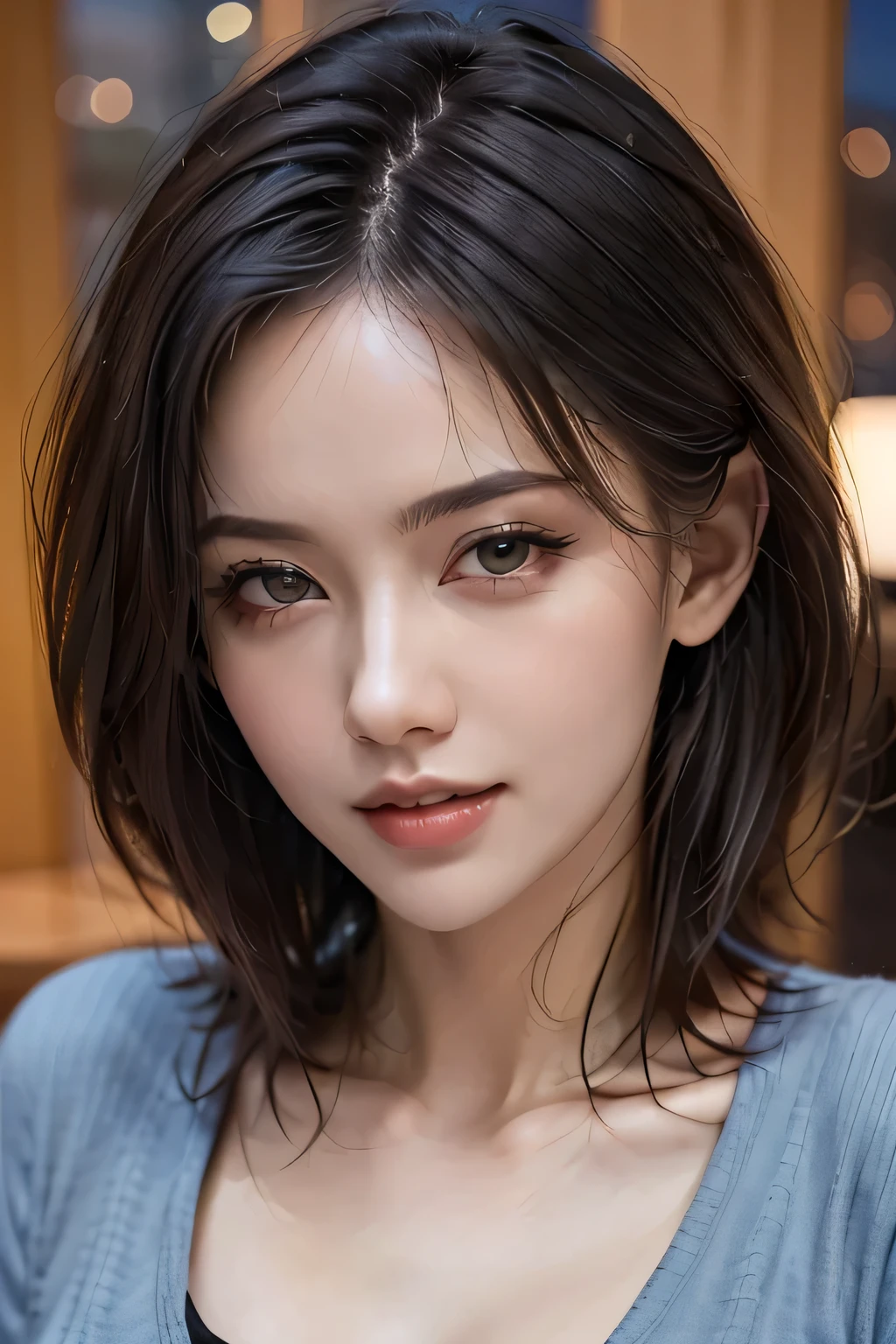 (highest quality, 8k, 32K, masterpiece), (Realistic), (Realistic:1.2), (High resolution), (night:1.7), Japan, cyber punk, City View, In front of the window,Wooden floor, 
Blue jacket, Grey Shirt, clavicle, jewelry, gem, Brunette Bob, 
1 female, 45 years old, beautiful Finger, beautiful long legs, beautifulbody, beautifulNose, beautifulcharacter design, Perfect Eyes, perfectface, Expressive eyes, View your viewers, Center the image, (upper_body), (Focus on her face),
Official Art, Very detailed CG Unity 8k wallpaper, Perfect lighting,Farbeful, bright_front_face_Lighting,Glowing Skin,
(masterpiece:1.0),(Highest_quality:1.0), 超High resolution,4K,Very detailed,
photograph, 8k, High resolution, High resolution, absurdes:1.2, 400 for Kodak Port, Film Grain, Blurred Background, bokeh:1.2, Lens flare, (Vibrant_Farbe:1.2)
(beautiful,chest), (beautiful_face:1.5),(narrow_Waist),