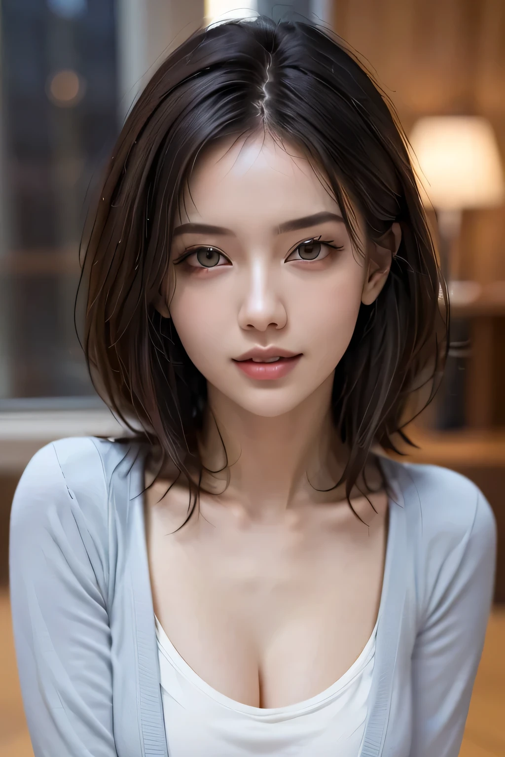 (highest quality, 8k, 32K, masterpiece), (Realistic), (Realistic:1.2), (High resolution), (night:1.7), Japan, cyber punk, City View, In front of the window,Wooden floor, 
Blue jacket, Grey Shirt, clavicle, jewelry, gem, Brunette Bob, 
1 female, 45 years old, beautiful Finger, beautiful long legs, beautifulbody, beautifulNose, beautifulcharacter design, Perfect Eyes, perfectface, Expressive eyes, View your viewers, Center the image, (upper_body), (Focus on her face),
Official Art, Very detailed CG Unity 8k wallpaper, Perfect lighting,Farbeful, bright_front_face_Lighting,Glowing Skin,
(masterpiece:1.0),(Highest_quality:1.0), 超High resolution,4K,Very detailed,
photograph, 8k, High resolution, High resolution, absurdes:1.2, 400 for Kodak Port, Film Grain, Blurred Background, bokeh:1.2, Lens flare, (Vibrant_Farbe:1.2)
(beautiful,chest), (beautiful_face:1.5),(narrow_Waist),