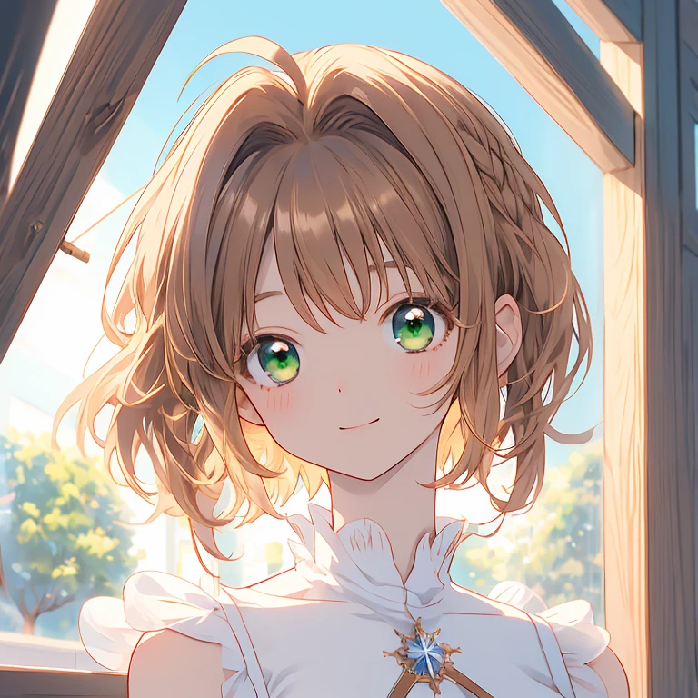 master piece, Best Quality, A high resolution, top-quality, Anime style, The best lighting, Beautiful face, kinomoto sakura, 1woman, tall, 30 years old, large breasts, light brown hair, very Short hair, shoulder length hair, Antenna Hair, Green eyes, dynamic angle, confident smile, vibrant deep colors, beautiful short dress, simple neutral background