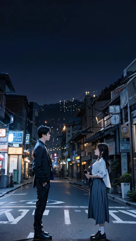 midsummer night,a man and a woman are standing on a crosswalk.., highlight scenes from the movie, dao city, on the city streets,...