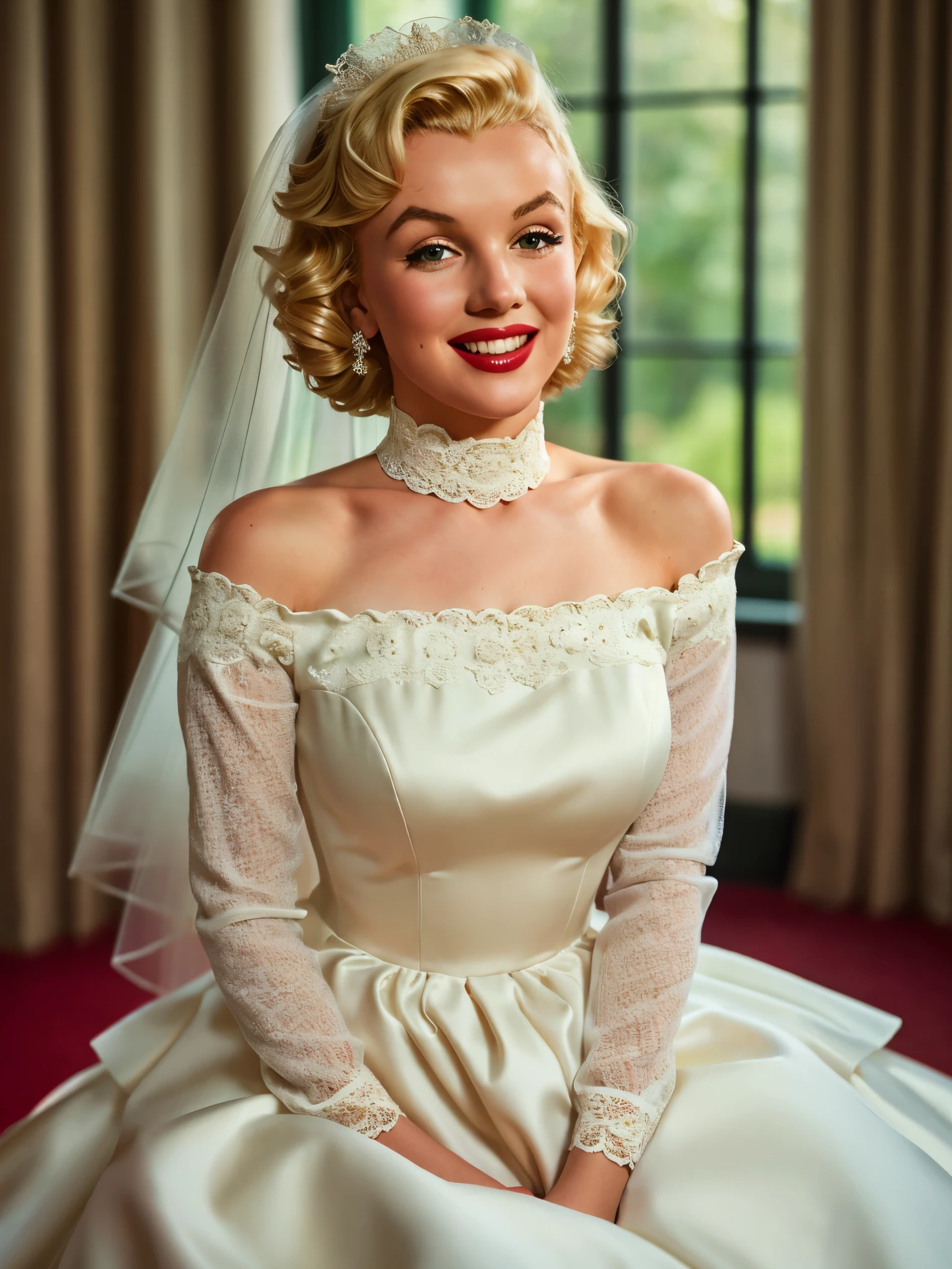 RAW photo, 1woman, portrait of  Marilyn Monroe, thin, wearing  a wedding dress with puff and ruffles, fabric lace dress, long sleeves, high neck dress,white spots  dress, intricate, elegant, highly detailed, depth of field, natural lighting, hard focus, ray traced, (evil smile:1.2), 8k uhd, dslr, soft lighting, high quality, film grain, Fujifilm XT3