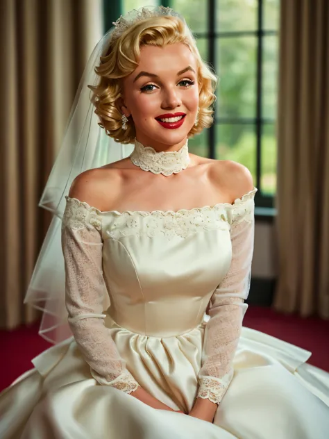 raw photo, 1woman, portrait of  marilyn monroe, thin, wearing  a wedding dress with puff and ruffles, fabric lace dress, long sl...