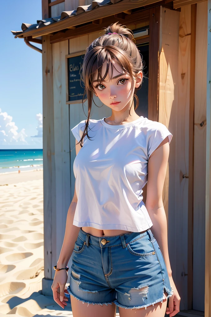 a woman wearing linen shirt and Bermuda shorts, sahara, (edge lighting:0.5) 