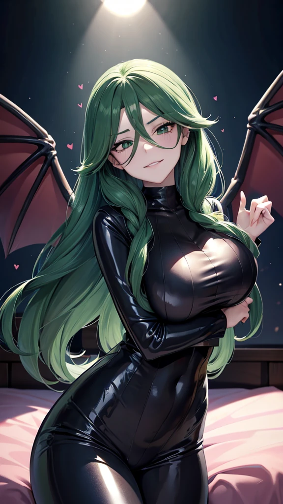 Erotic、Pokemon　Cheryl、Green Hair、tall、Big Breasts、Heart-shaped hair clip、Shiny navy blue latex rubber suit　「Pink line」、Evil Combatants、sexy、Evil smirk face、tall、adult、lure、Alluring、Pitch black background、Dark bedroom at night、Fall into Darkness、Fallen into evil、Bat wings on the back、Succubus