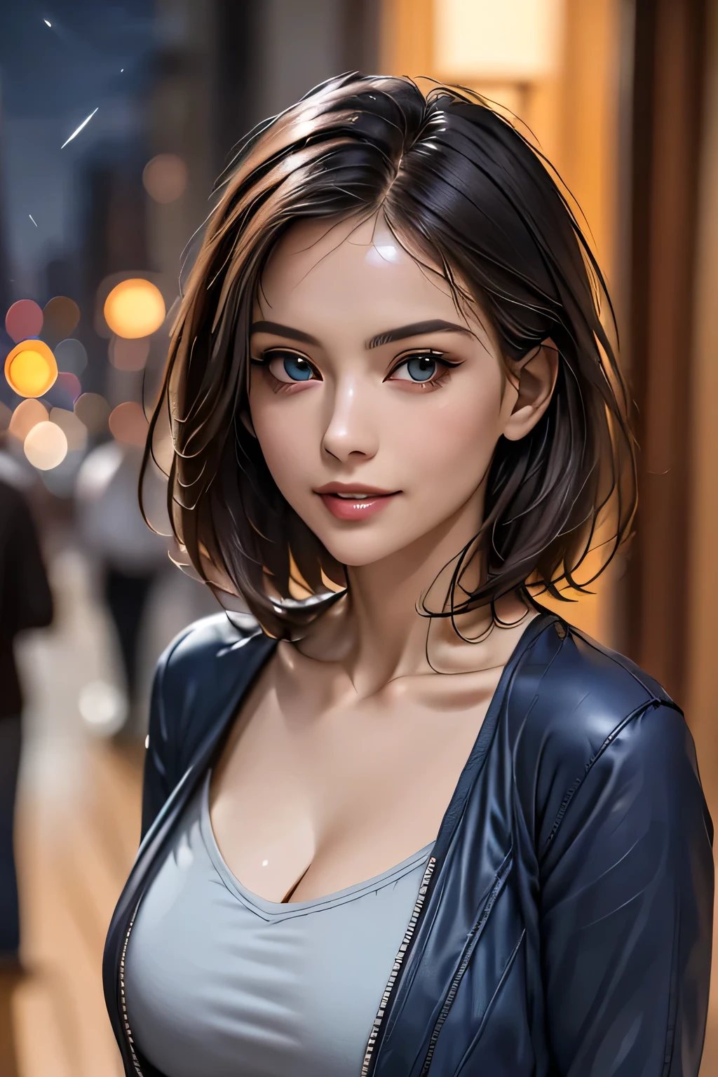 (highest quality, 8k, 32K, masterpiece), (Realistic), (Realistic:1.2), (High resolution), (night:1.7), Japan, cyber punk, City View, In front of the window,Wooden floor, 
Blue jacket, Grey Shirt, clavicle, jewelry, gem, Brunette Bob, 
1 female, 45 years old, beautiful Finger, beautiful long legs, beautifulbody, beautifulNose, beautifulcharacter design, Perfect Eyes, perfectface, Expressive eyes, View your viewers, Center the image, (upper_body), (Focus on her face),
Official Art, Very detailed CG Unity 8k wallpaper, Perfect lighting,Farbeful, bright_front_face_Lighting,Glowing Skin,
(masterpiece:1.0),(Highest_quality:1.0), 超High resolution,4K,Very detailed,
photograph, 8k, High resolution, High resolution, absurdes:1.2, 400 for Kodak Port, Film Grain, Blurred Background, bokeh:1.2, Lens flare, (Vibrant_Farbe:1.2)
(beautiful,chest), (beautiful_face:1.5),(narrow_Waist),