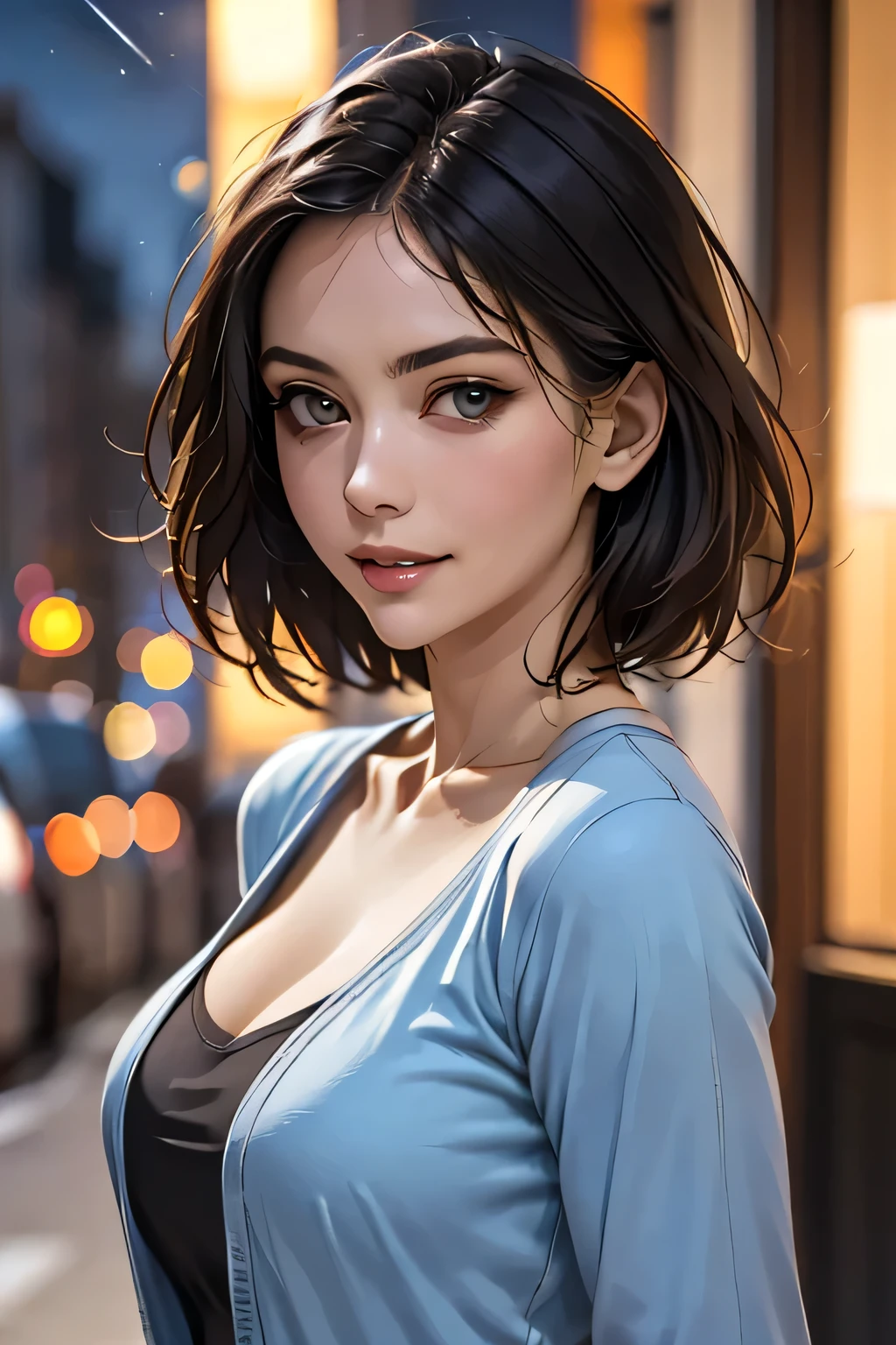 (highest quality, 8k, 32K, masterpiece), (Realistic), (Realistic:1.2), (High resolution), (night:1.7), Japan, cyber punk, City View, In front of the window,Wooden floor, 
Blue jacket, Grey Shirt, clavicle, jewelry, gem, Brunette Bob, 
1 female, 45 years old, beautiful Finger, beautiful long legs, beautifulbody, beautifulNose, beautifulcharacter design, Perfect Eyes, perfectface, Expressive eyes, View your viewers, Center the image, (upper_body), (Focus on her face),
Official Art, Very detailed CG Unity 8k wallpaper, Perfect lighting,Farbeful, bright_front_face_Lighting,Glowing Skin,
(masterpiece:1.0),(Highest_quality:1.0), 超High resolution,4K,Very detailed,
photograph, 8k, High resolution, High resolution, absurdes:1.2, 400 for Kodak Port, Film Grain, Blurred Background, bokeh:1.2, Lens flare, (Vibrant_Farbe:1.2)
(beautiful,chest), (beautiful_face:1.5),(narrow_Waist),