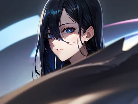 black hair,blue hair highlights, black background with spotlight, woman, odd eye（blue eyes and rainbow eyes） long eyelashes, ext...