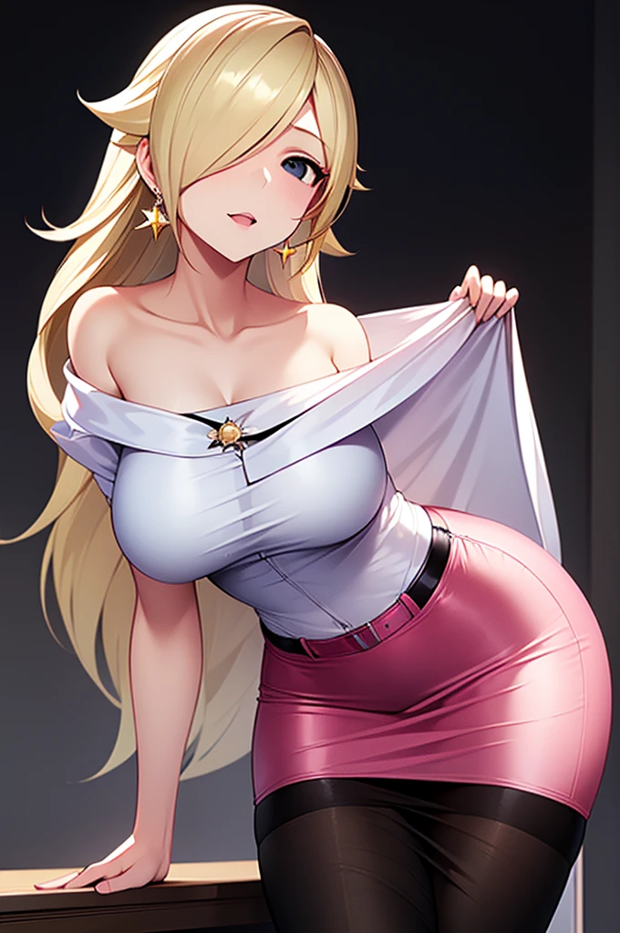 erotic、Rosalina、Blonde、tall、 mature, Married women, White cutter shirt、Pencil Skirt、Office Lady、Off the shoulder、, Pink and black background, Pitch-dark bedroom, Dark Theme, evil, lure, excited, Condescending contempt, Lightly open your mouth、Sexy pose,