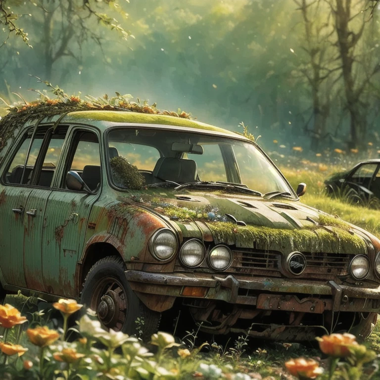 A rusty car covered in moss and vegetation, Signs of decay,Car Graveyard，crow，Small flowers,Sunset,End,photography