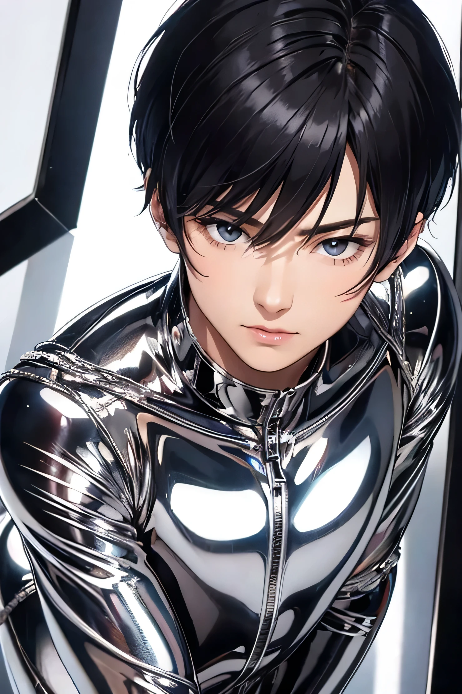 Handsome Japanese male models　　22 years old　smile　　　Black Hair　　Short cut　Short bangs　looking at the camera　　　　　Shiny full-body silver suit　　　Shiny silver latex suit　Mega Bulge　　looking at the camera　future world　　　　　Upper body close-up　Face close-up　　　　　Fierce　Face close-up　Above the chest　　Shoulder-length and up