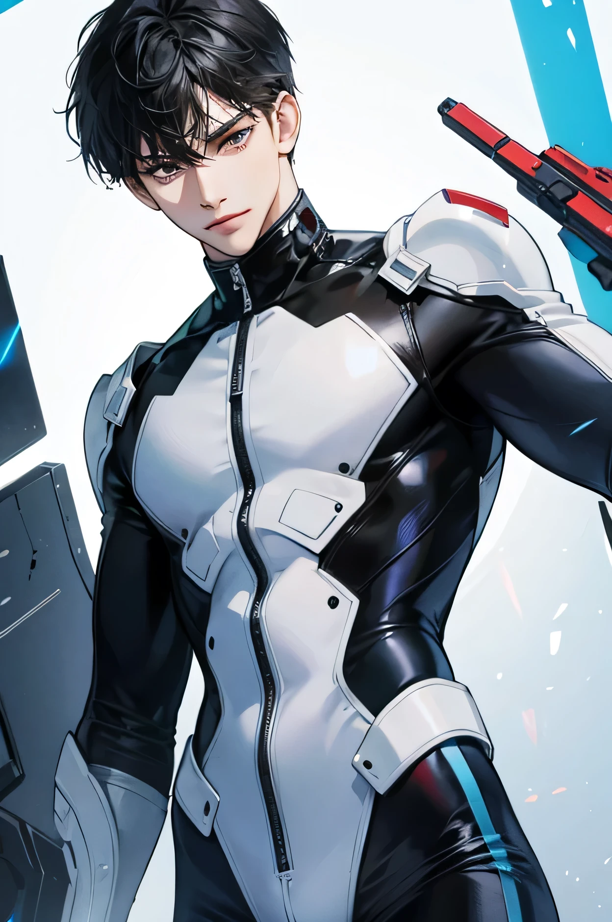 Handsome Japanese male models　　22 years old　smile　　　Black Hair　　Short cut　Short bangs　looking at the camera　　　　　Shiny full-body silver suit　　　Shiny silver latex suit　Mega Bulge　　looking at the camera　future world　　　　　Upper body close-up　Face close-up　　　　　Fierce