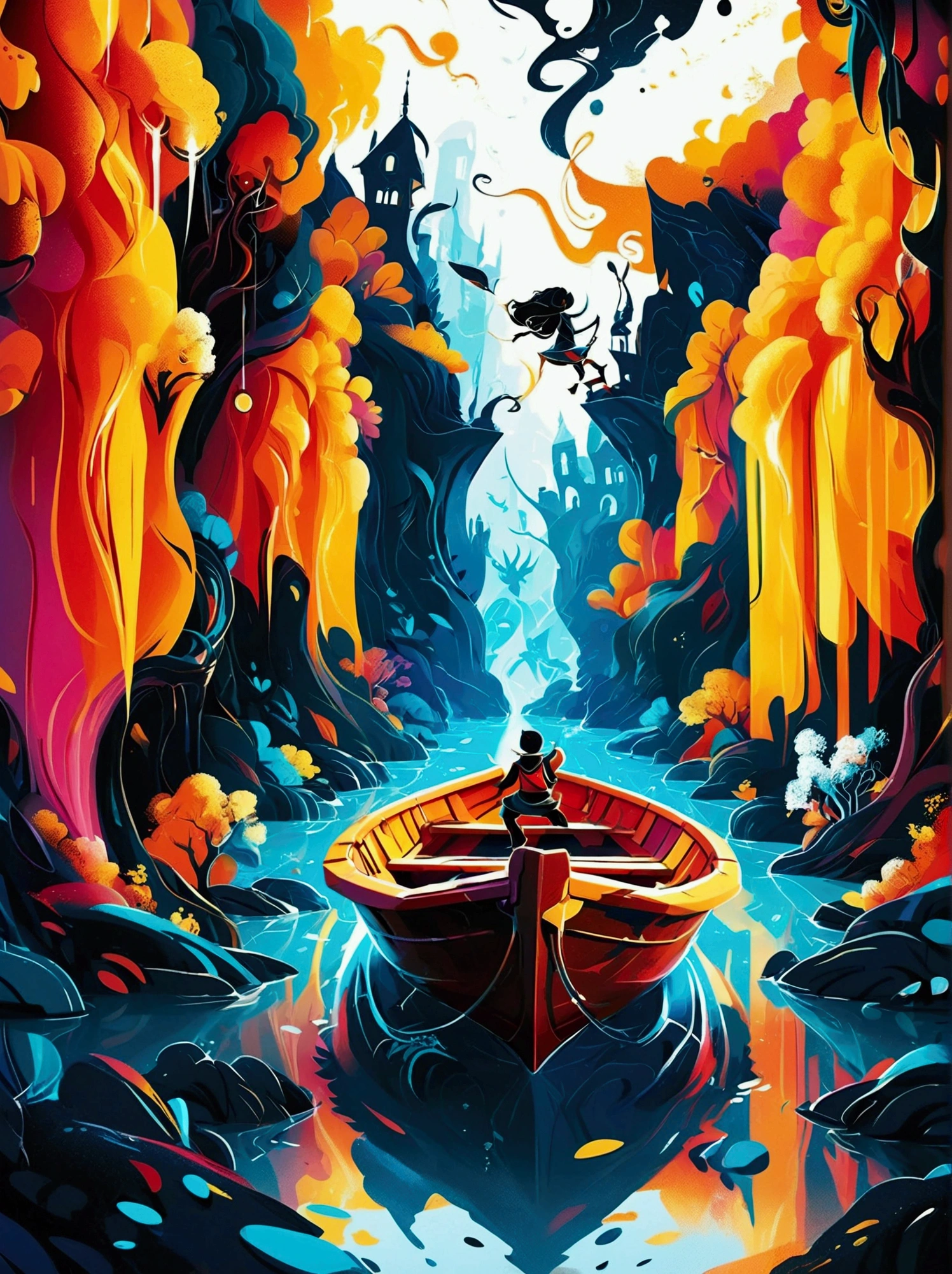 (negative space:1.5), a Boat, colorful cartoon-style illustration from an award winning animated movie, illustrated in bold outlines, showcasing its colors and shapes. The character is depicted adorned colorful energy against a white background, mythical creature, shsw