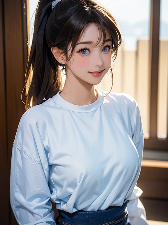 masterpiece, Highest quality, Very detailed, ,The finer details, Anime Style, One Girl, 22 years old, Cute Face、bangs, Large Breasts、Big Ass、Tight waist, front、Long brown hair ponytail、Beautiful Eyes、Light blue eyes, Shiny Hair, Look at the photographer､ とってもCute Face, smile、The gesture of waving one's right hand, White shirt,、denim 、Shallow depth of field、Looking up、Embarrassed face