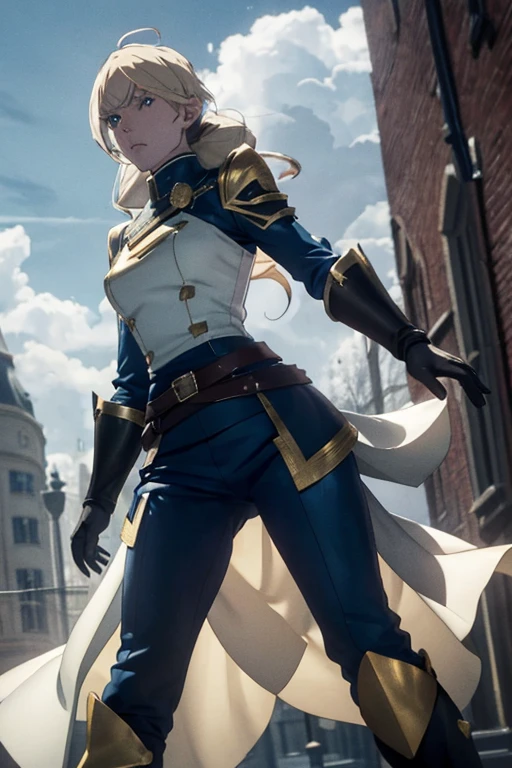 A full-body portrait of a young woman in anime style, with long, light blonde hair, framed by a white mantle adorned with golden details. She has intense blue eyes and wears a form-fitting blue armor with intricate engravings of leaves and flowers, and golden metal pieces covering her shoulders and arms. A dark brown leather belt with metallic buckles secures her armor at the waist. She wears brown leather boots, standing in a dynamic action pose. A cross-shaped pendant adorns her chest. The background features a blue sky with fluffy clouds, highlighting her majestic and noble appearance, visible from head to toe.