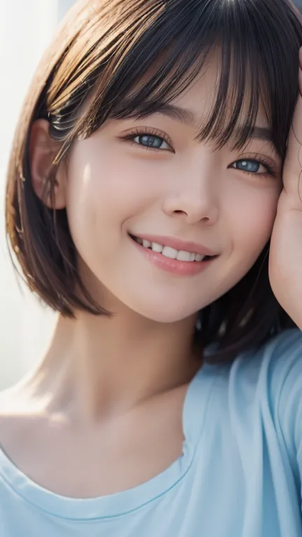 highest quality、realistic、、zoom、look up、cute、light grey eyes、black hair、very short hair、light blue t-shirt、bright smile、face clo...