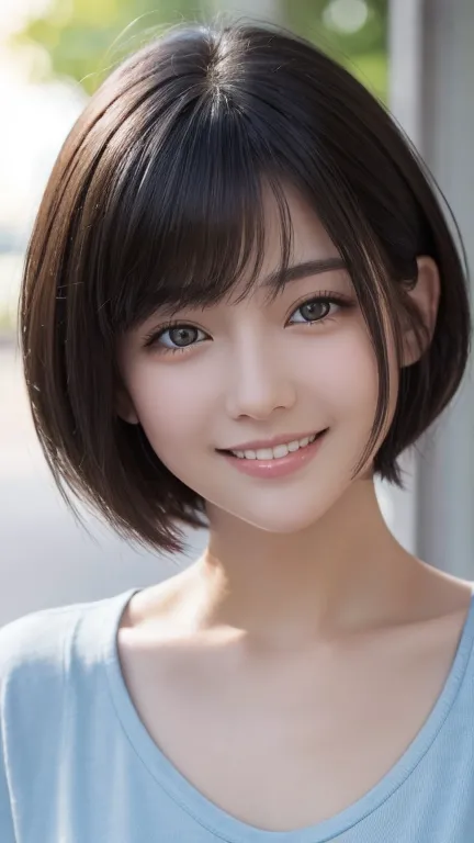 highest quality、realistic、、zoom、look up、cute、light grey eyes、black hair、very short hair、light blue t-shirt、bright smile、face clo...