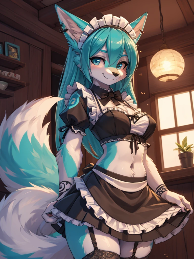 Miku Hatsune, add high definition_detail:1, blue fur,kitsune ears, tribal tattoo add_detail:1, posing during a full moon showing off her beautiful figure and her outfit. (Maid lingerie, maid mini skirt)sweaty body add_details:1, smiling add_detailsl:1, ear piercing add_detail:1, in a coffeshop, chapetes sonrojada, sonrojada de vergüenza, cara avergonzada add_detail 