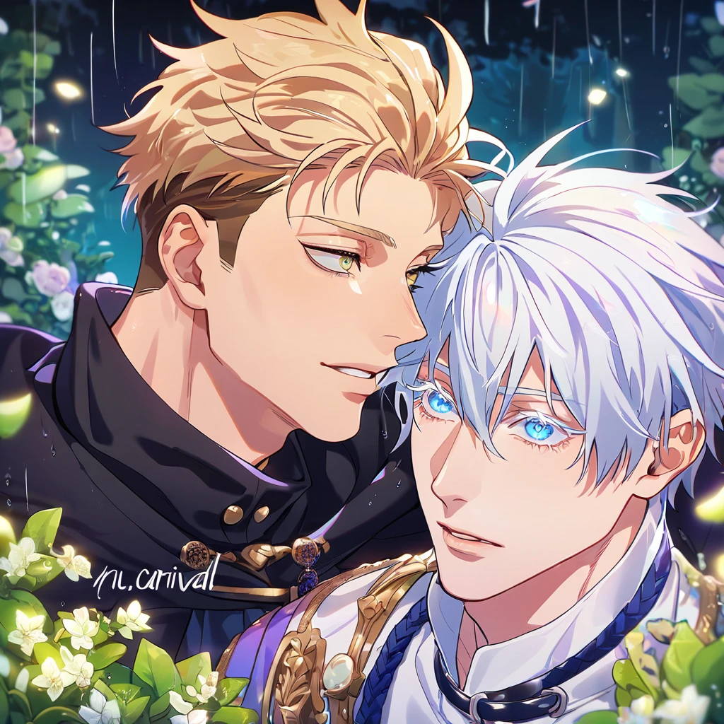 absurdres, highres, ultra detailed, HDR, master piece, best quality, extremely detailed, detailed eyes, Gojou Satoru, white hair, expressive blue eyes, white eyelashes, Jujutsu Kaisen, Quincy, blonde hair, expressive amber eyes, Nu Carnival, two sexy men together, yaoi, gay couple, handsome, fantasy, accessories, black cape with fur, showing the chest, fantasy clothes, spring, flowers, green leaves, magical forest, dark fantasy, rain, night