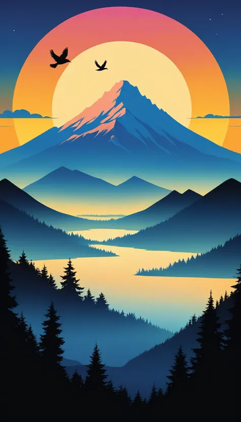 a captivating t-shirt illustration featuring a serene sunrise over a mountain range. the scene should be depicted in a minimalis...