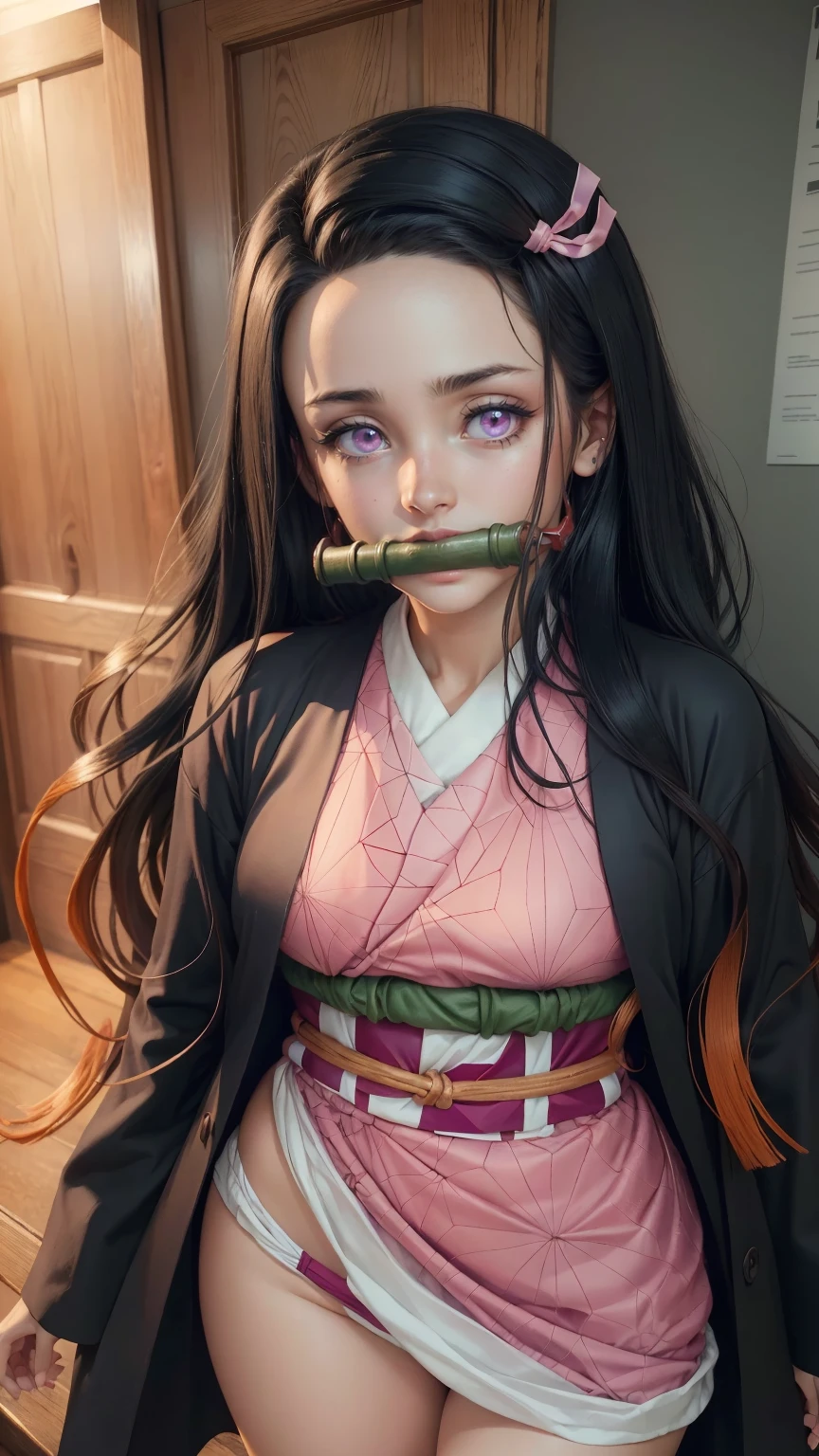 (Ultra Real), (Illustration), (High Resolution), (8K), (Very Detailed), (Best Illustration), (Beautiful Detailed Eyes), (Pink Iris), (Best Quality), (Ultra Detailed), (Masterpiece), (Wallpaper), (Detailed Face), Night lower Body, Ice Cream,Long Hair, (gagged:1.4), Solo,Simple Kimono Top Girl, Japan Person, (Pussy), no panties, Nezuko Kamado, Hips Showing