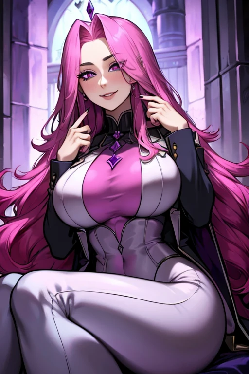 Perfect face. Perfect hands. A pink haired woman with violet eyes and and an hourglass figure and long hair is sitting a mausoleum in a fancy suit with a big smile