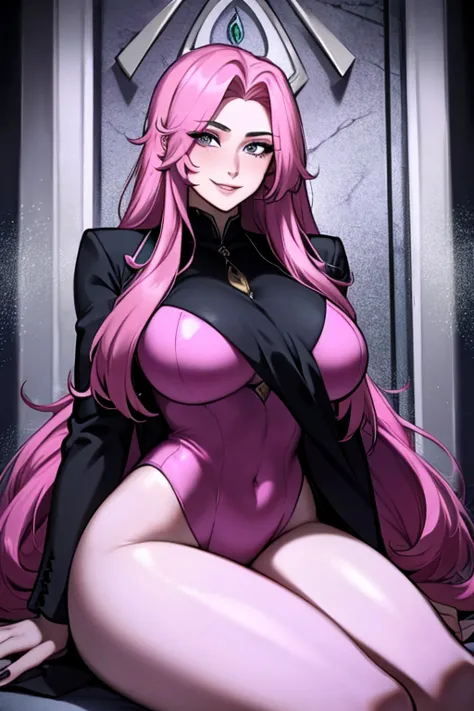 perfect face. perfect hands. a pink haired woman with violet eyes and and an hourglass figure and long hair is sitting a mausole...