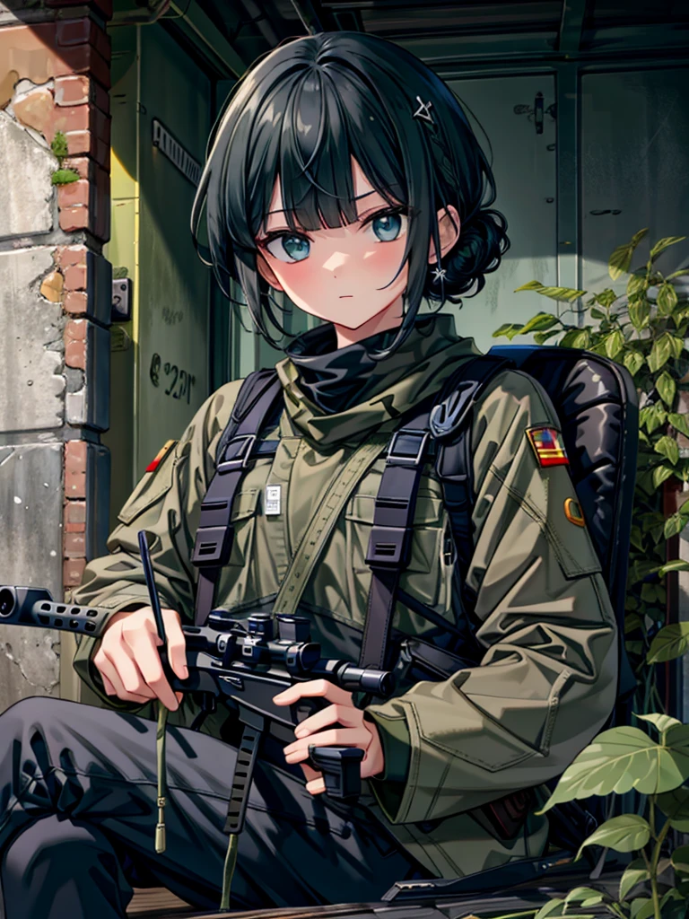 (masterpiece),(top-quality),(ultra-detailed),(high resolution),(in 8K animation),(beautifull detailed face),(beatiful detailed eyes),(anatomically correct),(Keep your head small),1girl,black short hair,((chignon)),blunt bangs,wearing army camouflage uniform,shirt,pant,cap,rifle,50Caliber,sniper,(holding rifle:1.5),(lying face down),serious