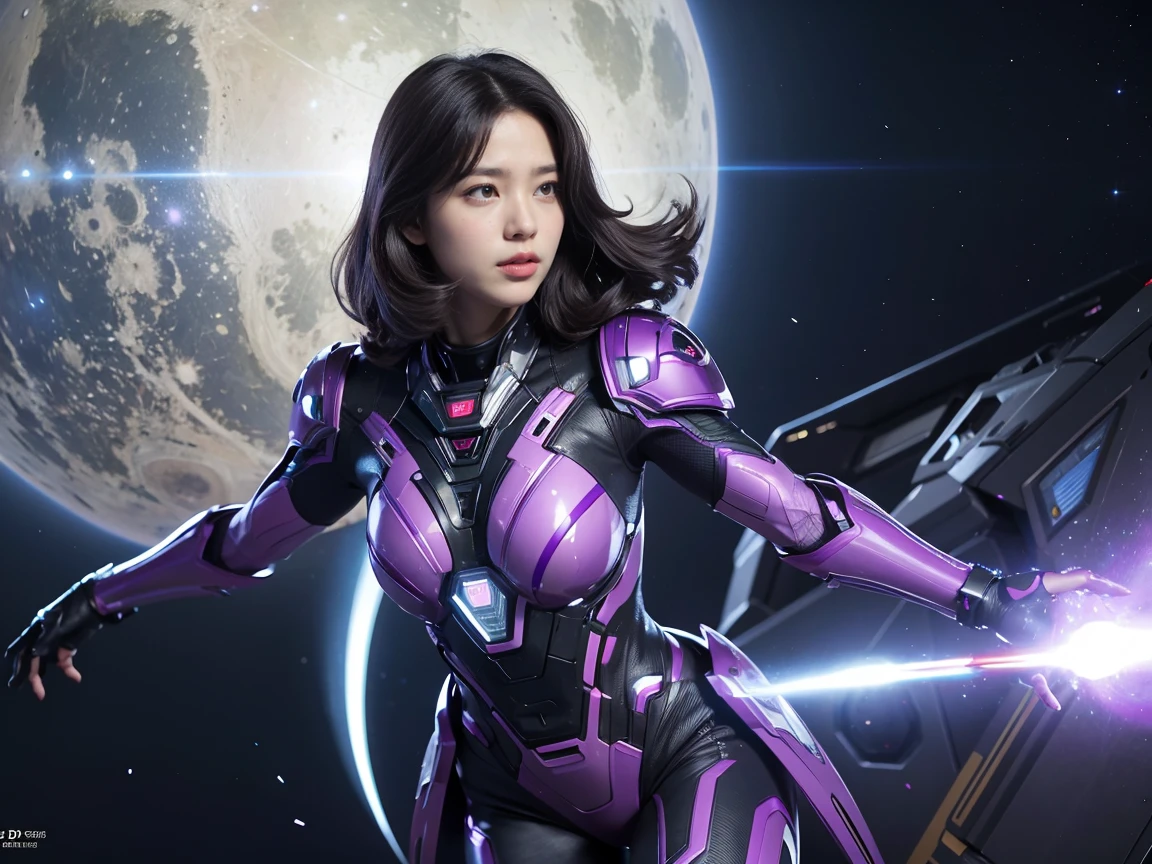 (RAW Photos, Highest quality), (Realistic, Photorealistic:1.3), 1 person、Realisticbody、Purple battle costume、Meteor warrior flying from space、Fight against the octopus aliens、Octopus、Shielded Reflector Laser、smile、