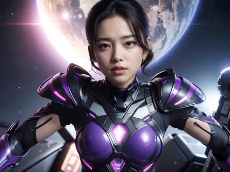 (raw photos, highest quality), (realistic, photorealistic:1.3), 1 person、realisticbody、purple battle costume、meteorite warriors ...