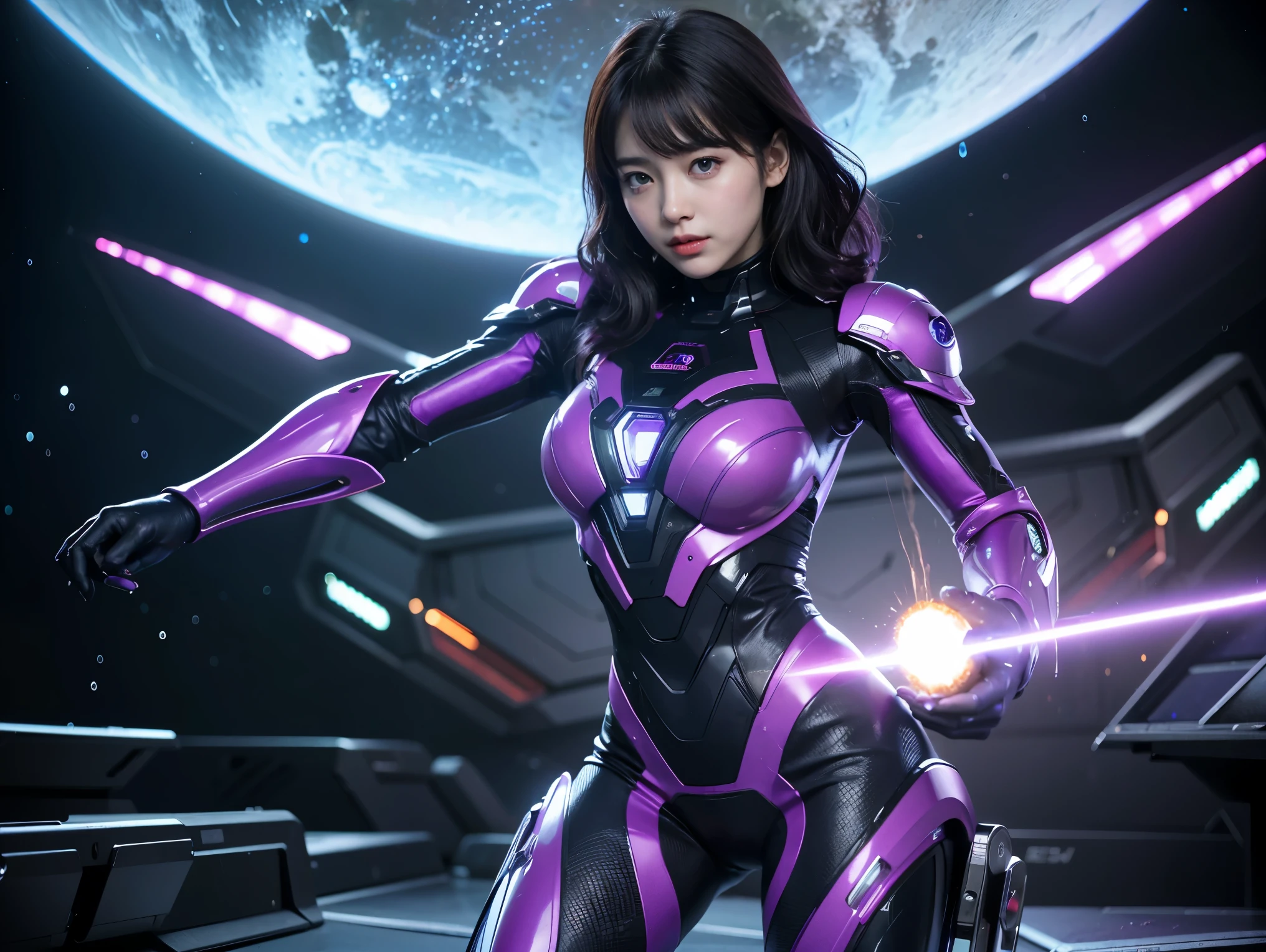 (RAW Photos, Highest quality), (Realistic, Photorealistic:1.3), 1 person、Realisticbody、Purple battle costume、Meteorite Warriors from Outer Space、The Battle of the Octopus Aliens、Octopus、Shielded Reflector Laser、smile、