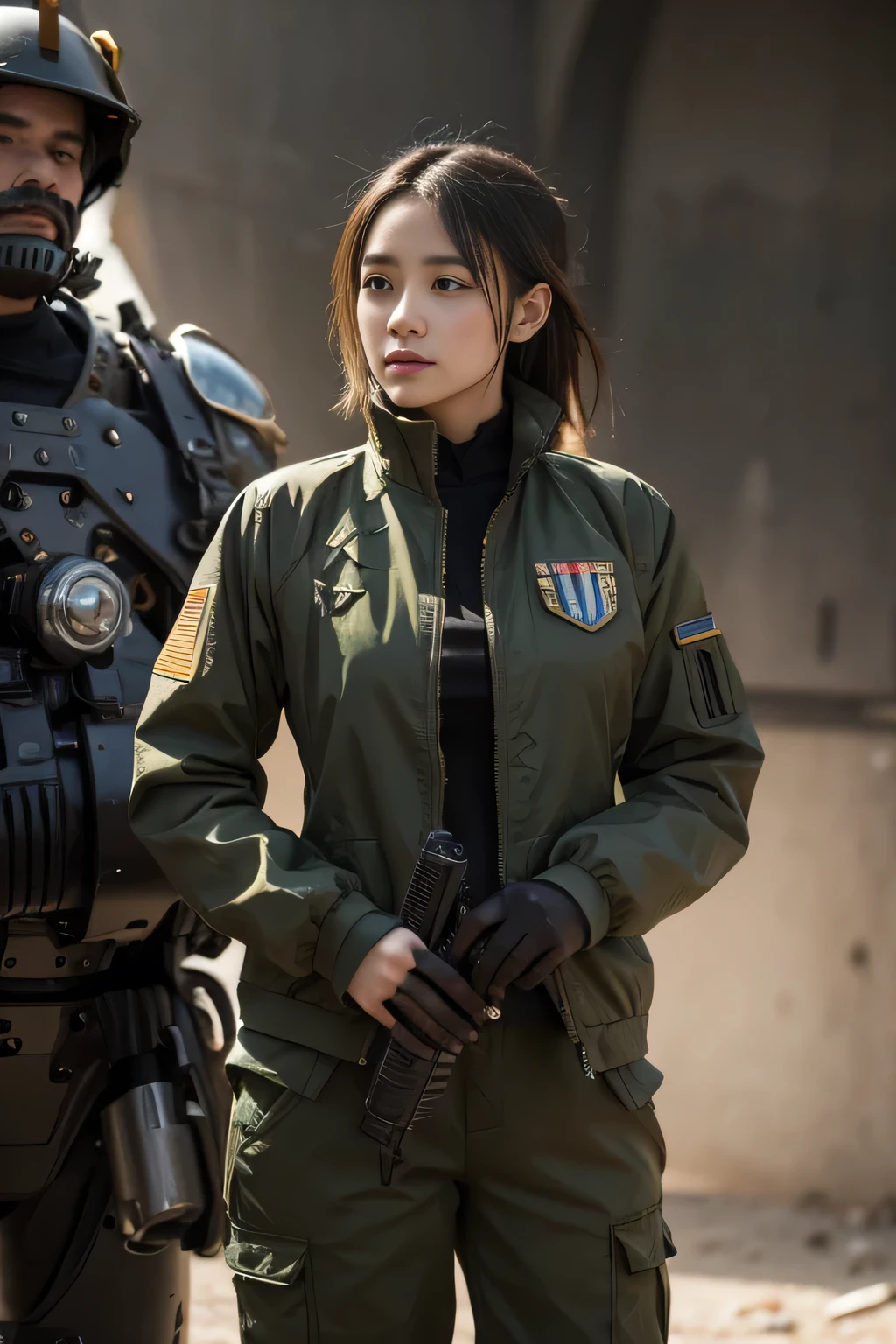 (best quality), oriental detailed background, science fiction,mechanical arms,girl with man , war, monster army, techwear,, military uniform