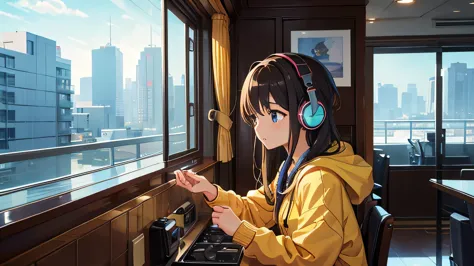 optimal，masterpiece，high resolution，highest quality，a warm room。a beautiful woman looking out the window。put on headphones。it&#3...