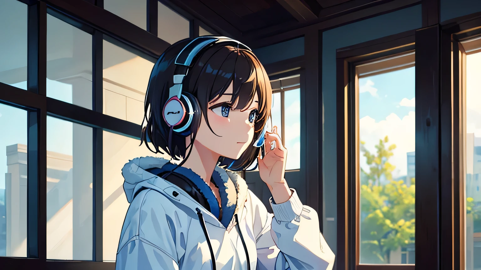 Optimal，masterpiece，High resolution，Highest quality，A warm room。A beautiful woman looking out the window。Put on headphones。It&#39;s night outside。Clothes knitted