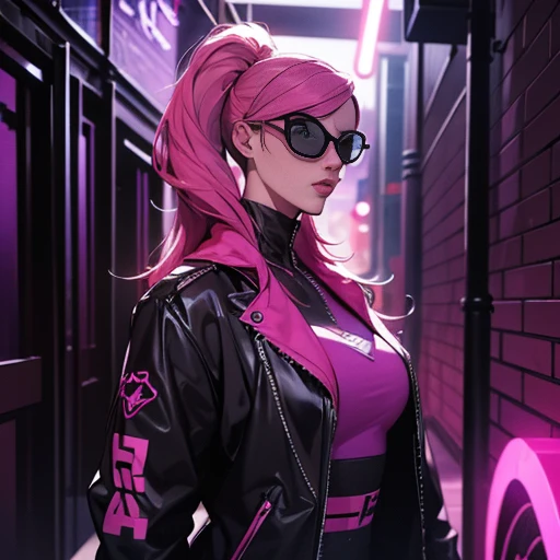 a cyberpunk girl with neon pink hair wearing oversized sunglasses tilted back, posing in a dark alley, neon lights, cinematic lighting, hyperrealistic