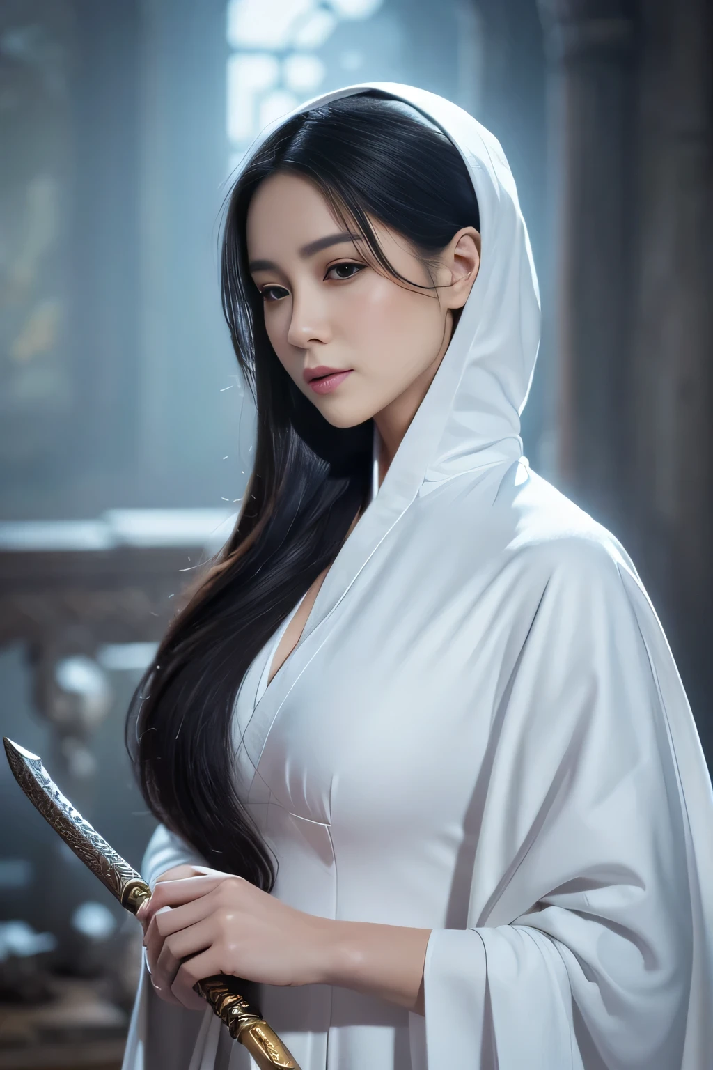 a close up of a woman with a sword in a white dress, a character portrait by Yang J, trending on cgsociety, fantasy art, beautiful character painting, artwork in the style of guweiz, guweiz, white hanfu, flowing white robes, full body wuxia, epic exquisite character art, stunning character art, beautiful female assassin  