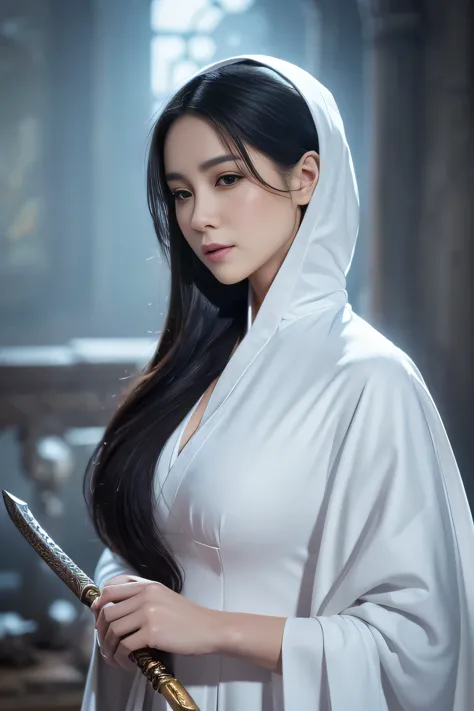 a close up of a woman with a sword in a white dress, a character portrait by yang j, trending on cgsociety, fantasy art, beautif...