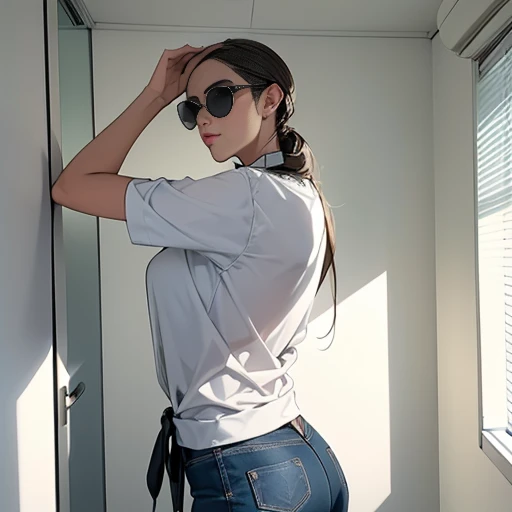 A stylish woman with oversized sunglasses tilted back on her head, posing in a minimalist room.