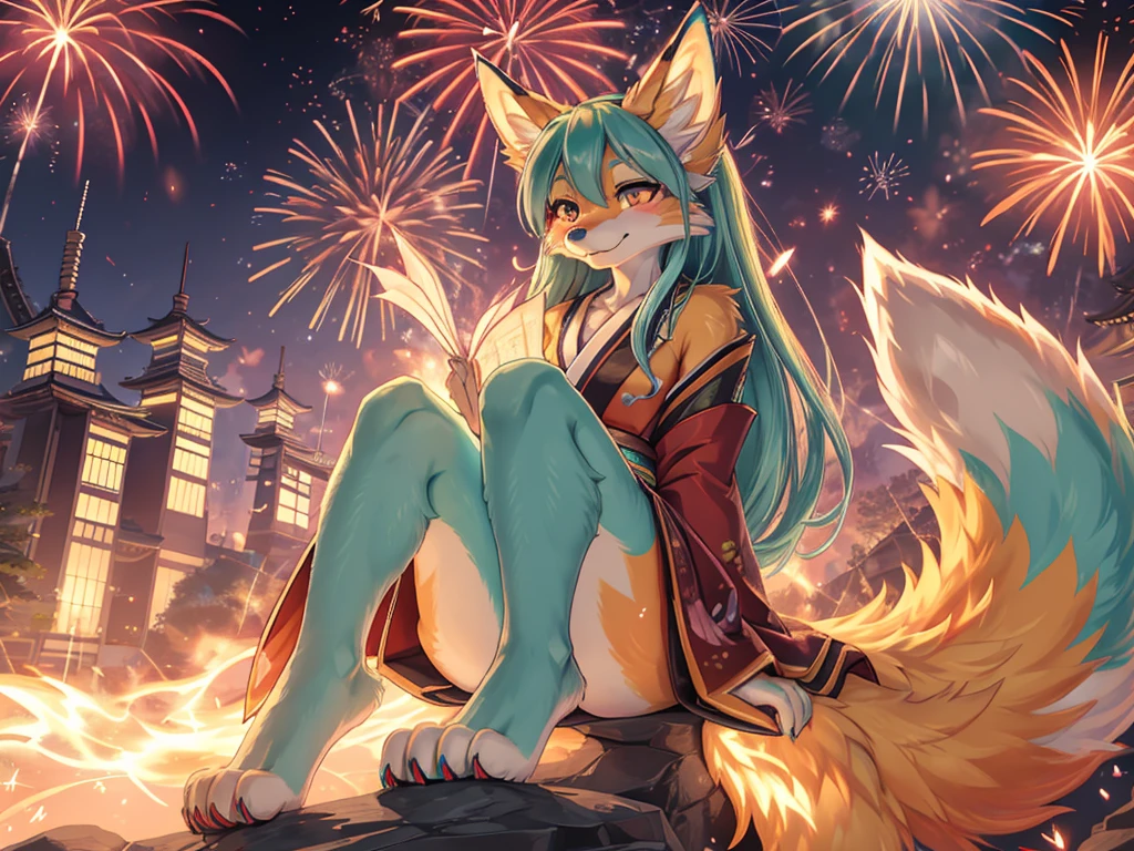 ((A masterpiece))The best quality, Japanese Teen Hatsune Miku x Kitsune , fox face elongated snout add detail, Surprise face, add heated_Detailsl,, kitsune warrior in spring hanami add_Detailsl:1, add barefoot_Detailsl:1 mystical aura, enjoy the fireworks add_Details 