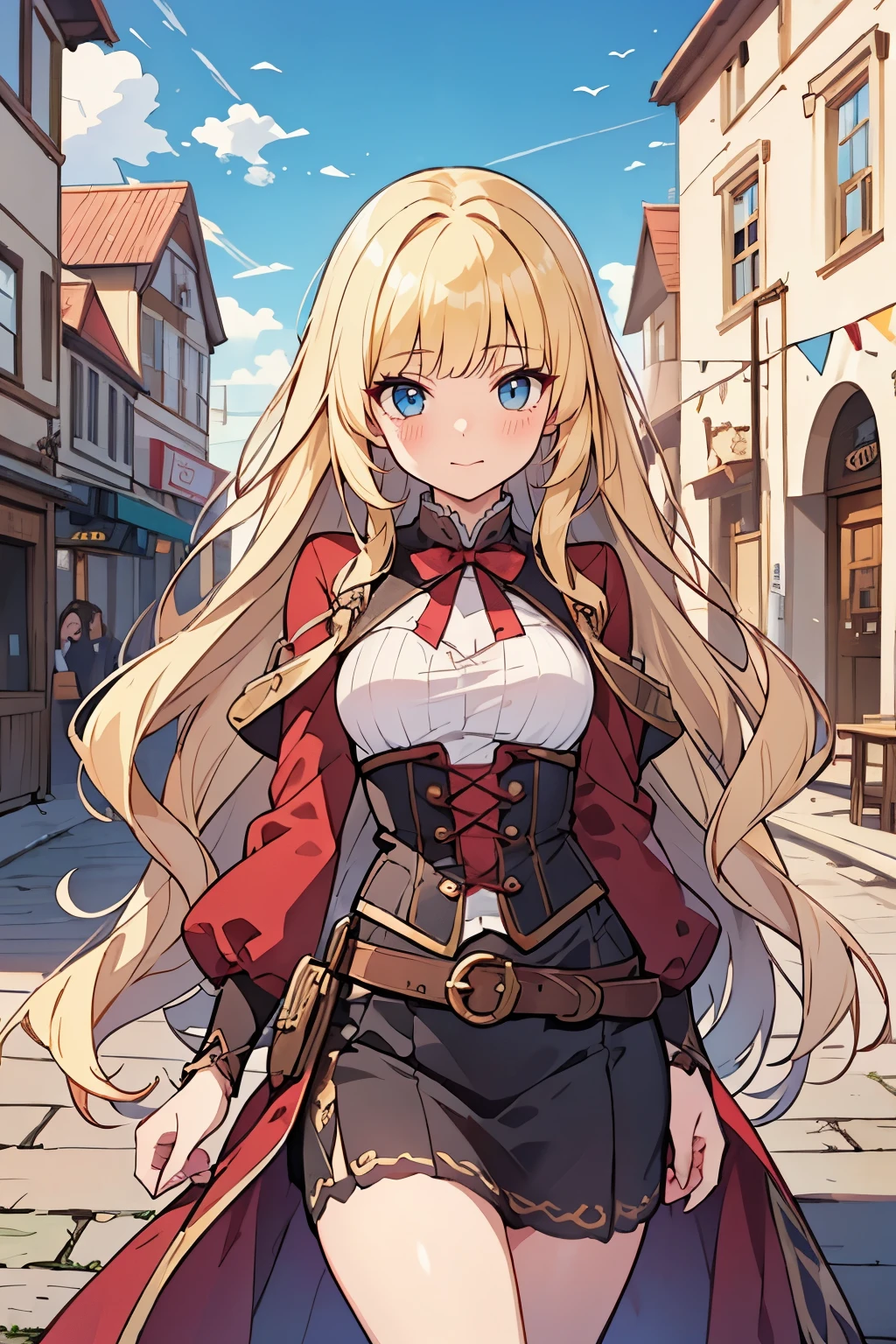 solo girl, (young female body:1.4), ( medium small breasts), embarrassed expression, flustered, knee length hair, yellow long hair, voluminous wavy very long yellow hair, extra long blonde hair, hime cut, light blue eyes, cowboy shot, castle background, medieval town with a castle, outdoor pub, town center, adventurer outfit, skirt with belt, long sleeve top, corset, steampunk aesthetic 