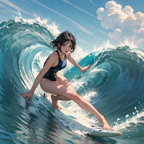 female surfer riding a wave in the ocean early in the morning、(alone)、beautiful face、short hair、sexy and colorful swimwear、surfi...