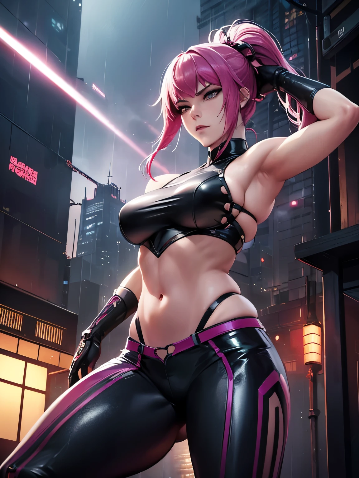 a futuristic female warrior holding a katana, (finely detailed skin), pale skin, (in a deep neckline highly detailed sexy futuristic cyberpunk black crop top and underpants made of circuit boards, japanese words with a flare effect, beautiful epic composition, futuristic, masterpiece, appealing, posing for a photo, attractive female superhero, long pink hair, leather and floral steampunk and floral outfit, rainy city setting, dusk lighting, cinematic, realistic, detailed, photograph