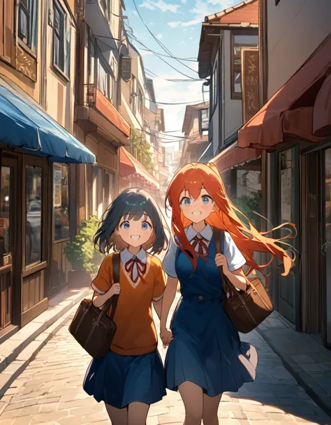 the elementary school girl holds hands with the high school girl, beaming as they walk home together., the setting sun paints th...