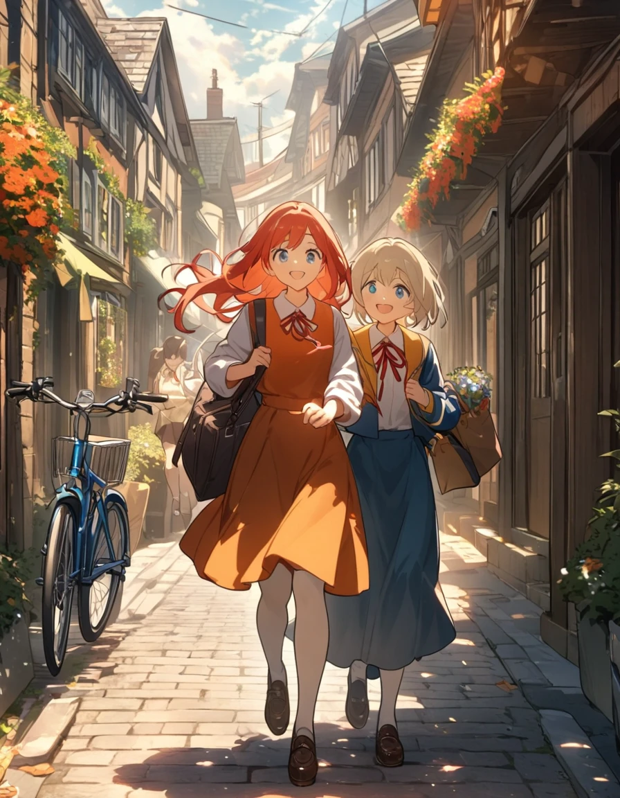 The elementary school girl holds hands with the high school girl, beaming as they walk home together., The setting sun paints the town in hues of orange and red., The elementary school girl watches the high school girl with a happy smile., The high school girl smiles warmly, her hand gently holding the elementary school girl's., A bicycle whizzes past, leaving them in its wake., 