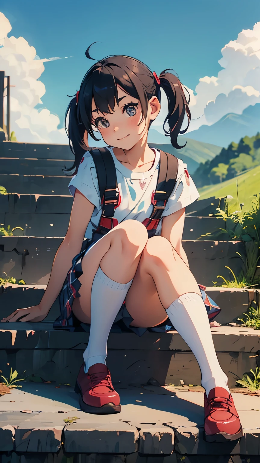 Very cute, from the front, sitting on wide stairs, legs bent, knees raised, legs apart, rainbow pigtails, round eyes, short eyebrows, short eyelashes, slightly upturned lips, small red tartan check shoulder strap one-piece skirt, white zettai ryoiki knee-high socks, zettai ryoiki, sunny day, blue sky, country road, smirk, cheerful,