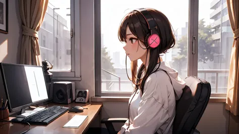 optimal，masterpiece，high resolution，highest quality，a warm room。a beautiful woman looking out the window。put on headphones。it&#3...