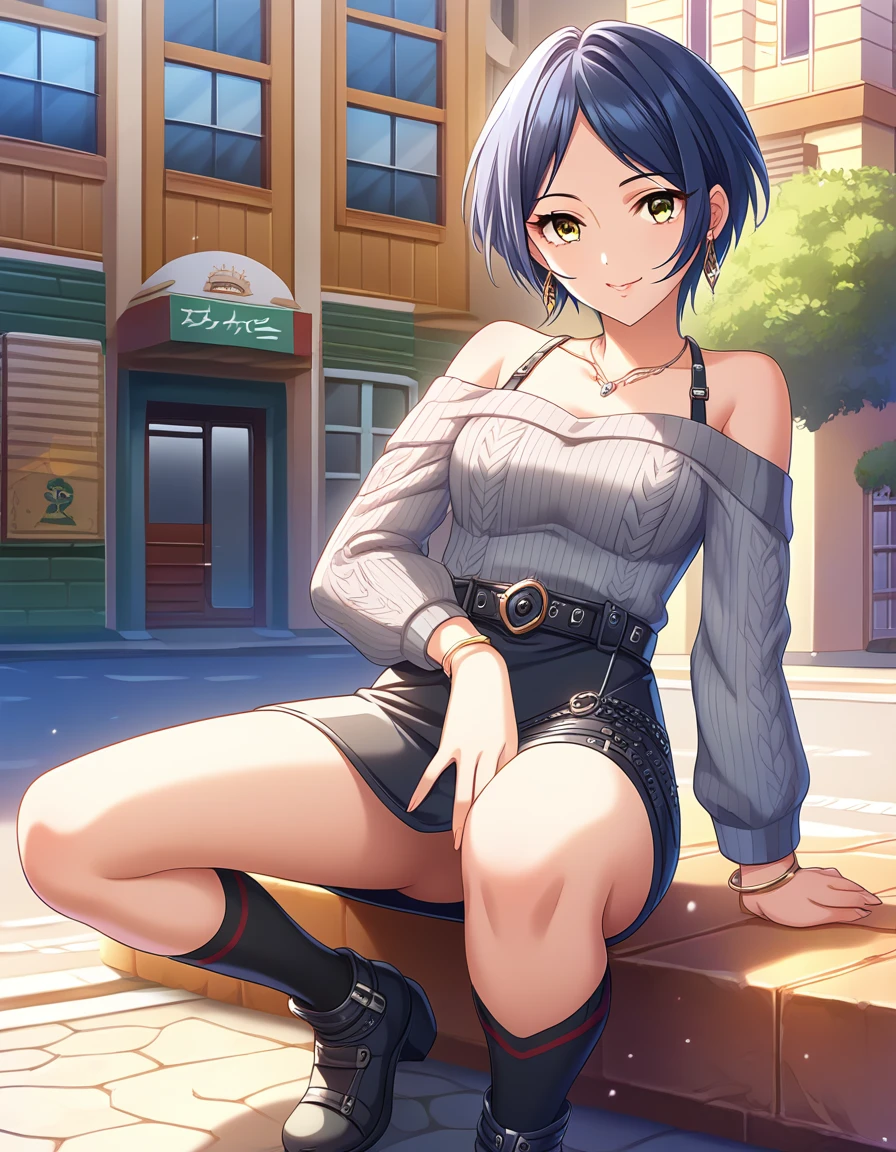 score_9, score_8_superior, score_7_superior, sauce_anime,
One person, Beautiful woman, alone, Fob, Date, View your viewers, smile,   Outdoor, street, building, boutique, Display Window, Day, blue sky, Day光, 
 Hymns, short hair, Blue Hair, Parted bangs, Medium chest, Yellow Eyes,Spread your legs wide，Showing off your crotch,Black lingerie
Lipstick, Detailed eyes, eyelash, eyeliner, jewelry, necklace, bracelet, Earrings, 
mini skirt,
Sweater dress, Off the shoulderセーター, Grey sweater, Exposing shoulders, Off the shoulder,  Long sleeve, Sleeves are longer than the wrist, belt, Black knee socks, zettai ryouiki,