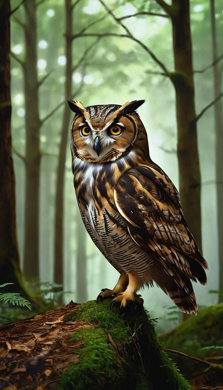 a person with a owl body and four eyes in a forest, highly detailed, (best quality,4k,8k,highres,masterpiece:1.2),ultra-detailed,(realistic,photorealistic,photo-realistic:1.37),extremely detailed animal, intricate patterns, realistic lighting