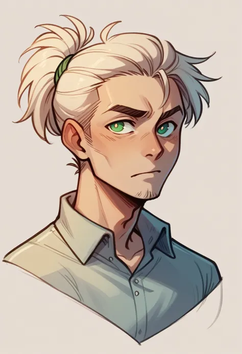 human male, white tied hair , green pupils ,(( concept art ))